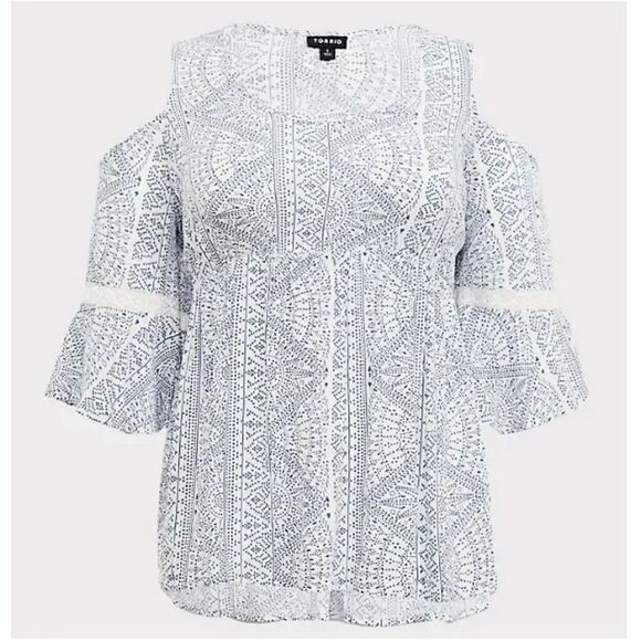 Torrid Ivory Blue Geo Dot Cold Shoulder Bell Sleeves Blouse Plussize 1X - Picture 16 of 16